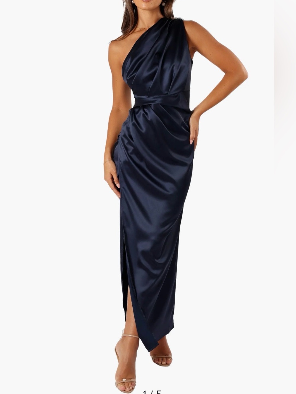 NEW Petal & Pup Nadia One-Shoulder Navy Satin Dress, Size 12